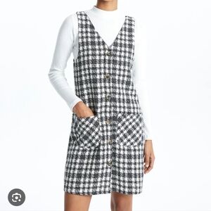 XSIDE V Neck Plaid Black & White Textured Button-Front Dress With Pockets